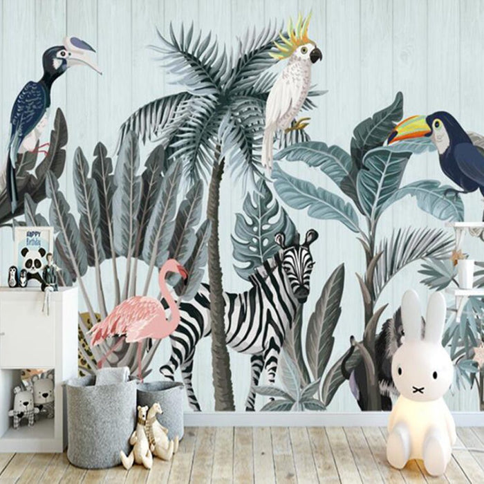 Tropical animal and plant mural wallpaper | Zebra parrot flamingo children's wallpaper - Carving wallpaper