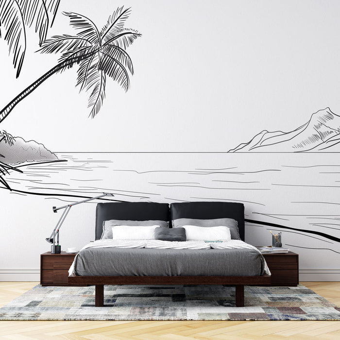 Tropical Beach Wallpaper Mural | Black and White Style - Carving wallpaper