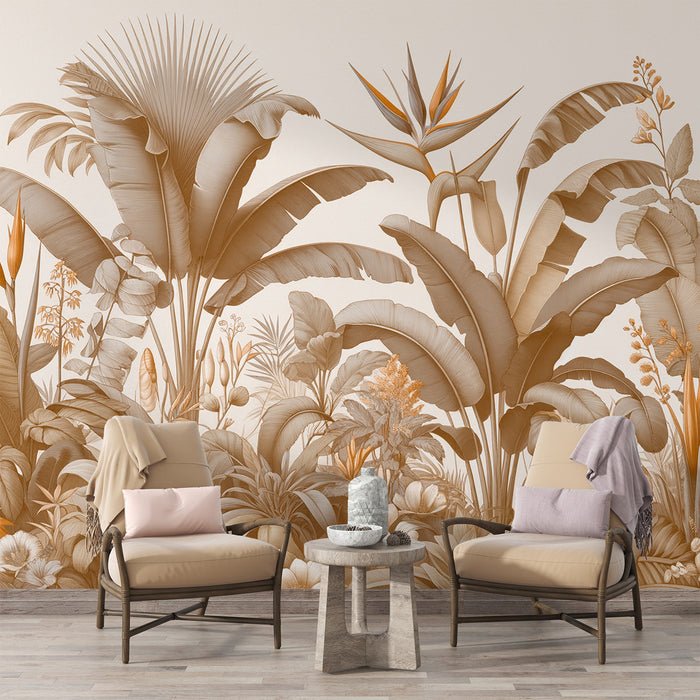 Tropical Jungle Wallpaper Mural | Banana Leaves and Various Flowers - Carving wallpaper