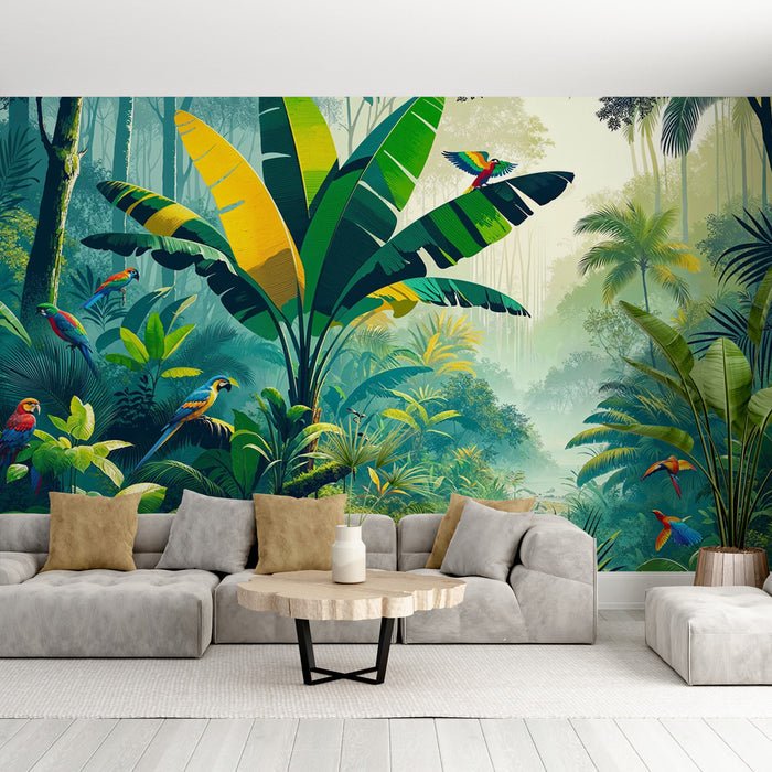 Tropical Jungle Wallpaper Mural | Imagining Parrots with Green and Yellow Leaves - Carving wallpaper