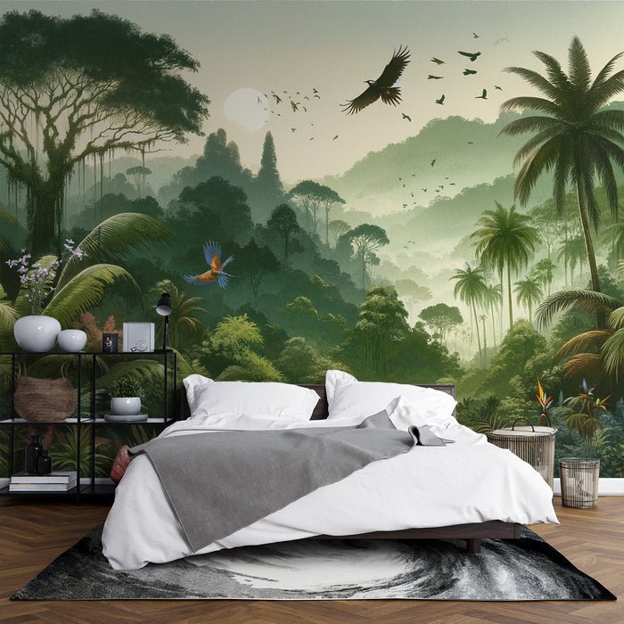 Tropical Jungle Wallpaper Mural | Leaves and Birds - Carving wallpaper