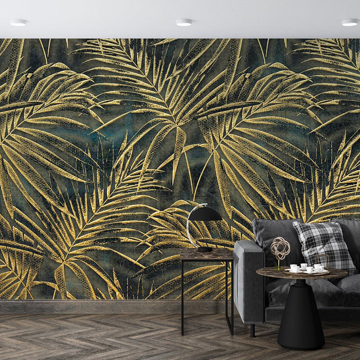 Tropical leaf wallpaper mural | palm leaf pattern in gold on dark background - Carving wallpaper