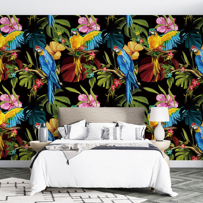 Tropical Parrot Flower Wallpaper Mural | Retro Art Decoration in Living Room and Bedroom - Carving wallpaper