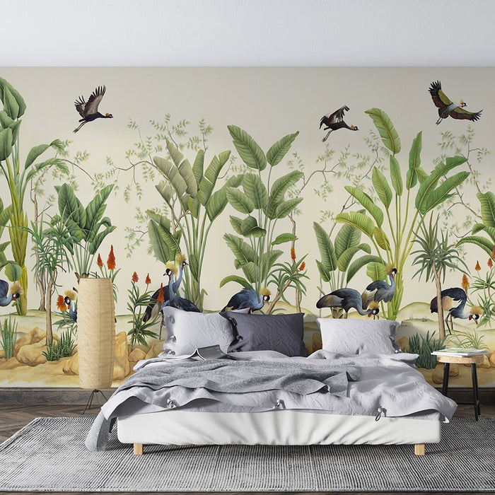 Tropical Plant Flamingo Wallpaper Mural | Dynamic Parrot and Pink Flamingo - Carving wallpaper