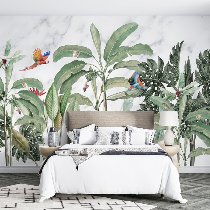Tropical plant flamingo wallpaper mural | Marble patterned green plant wallpaper - Carving wallpaper