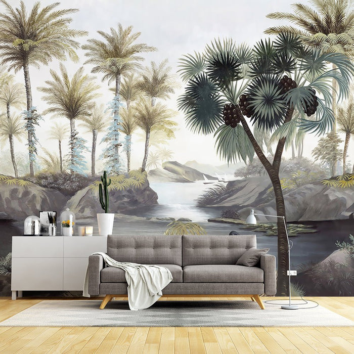 Tropical Plant Landscape Wallpaper Mural | Palm Trees, Egrets, and Rivers - Carving wallpaper