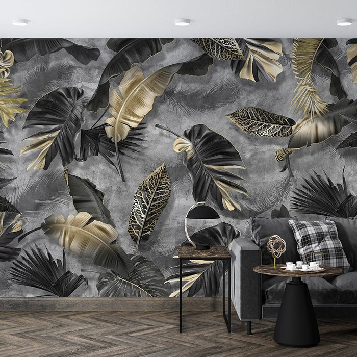 Tropical plant wallpaper mural | black and gold tropical plant leaves - Carving wallpaper