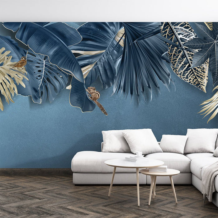 Tropical Plant Wallpaper Mural | Blue Gold Palm Leaves - Carving wallpaper