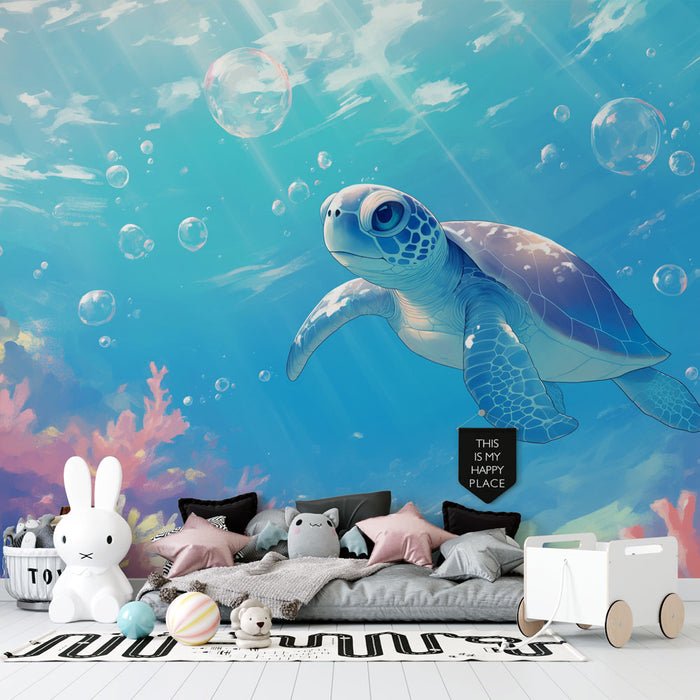 Turtle Wallpaper Mural | Bubbles and Underwater Children - Carving wallpaper