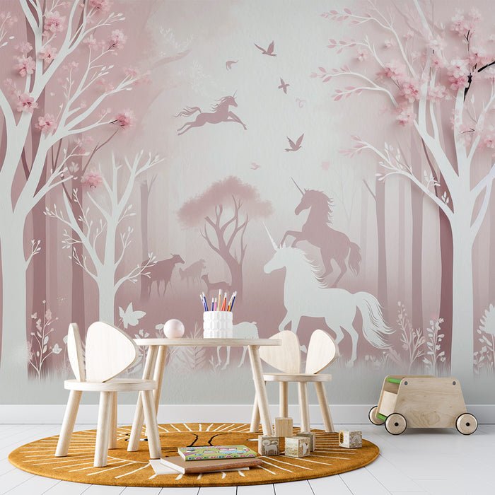 Unicorn Wallpaper Mural | Unicorn Silhouette in Pink Forest - Carving wallpaper