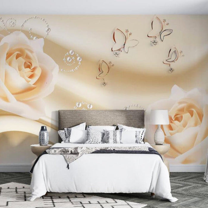 Warm floral wallpaper | Soft pink rose butterfly mural - Carving wallpaper
