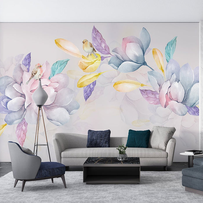 Watercolor Flower Bird Wallpaper Mural | Pink Purple, Light Blue - Carving wallpaper