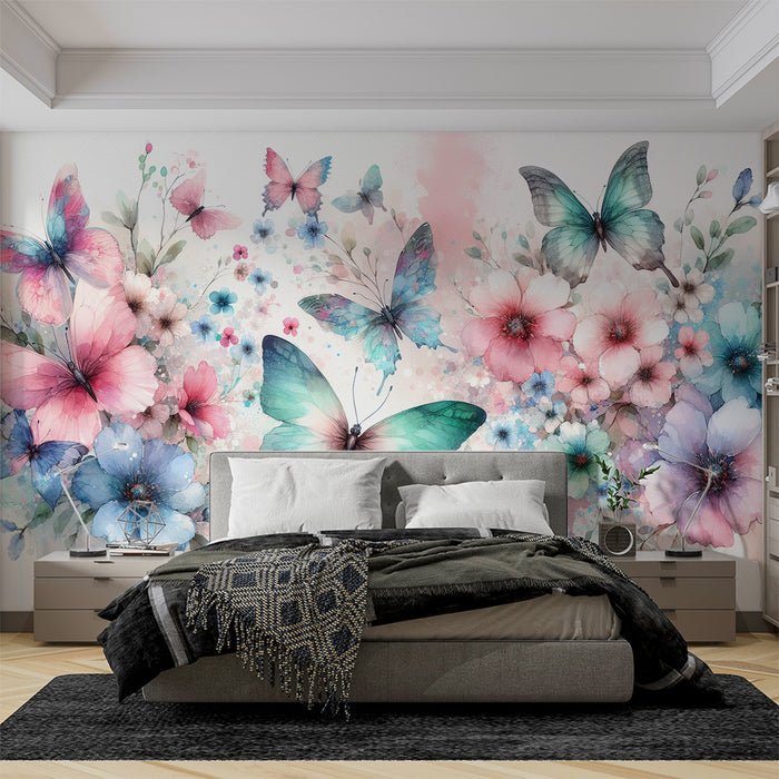 Watercolor Flower Butterfly Wallpaper Mural | Colorful Butterfly Flowers - Carving wallpaper