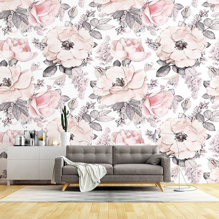 Watercolor Flower Wallpaper Mural | Pink Rose - Carving wallpaper