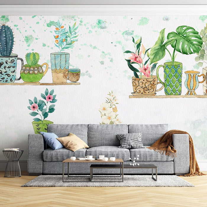 Watercolor, green plants, potted plants, wallpaper, mural | Cactus, turtle backed bamboo - Carving wallpaper