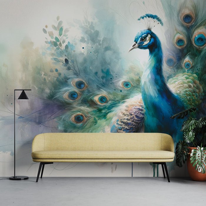 Watercolor Peacock Wallpaper Mural | Peacock Feather Art Colors - Carving wallpaper