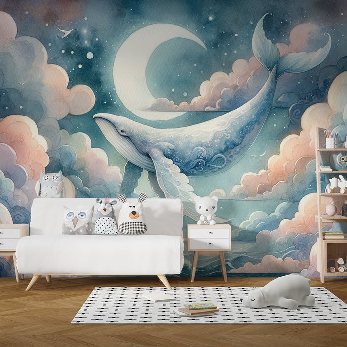 Whale Wallpaper Mural | Watercolor, Sea of Clouds - Carving wallpaper