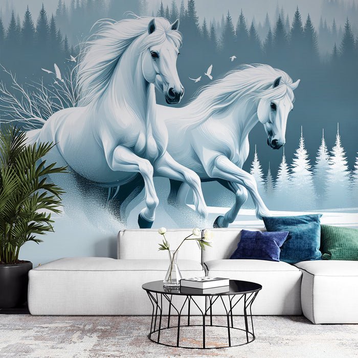 White Horse Forest Wallpaper Mural | White Horse Galloping in the Snow - Carving wallpaper