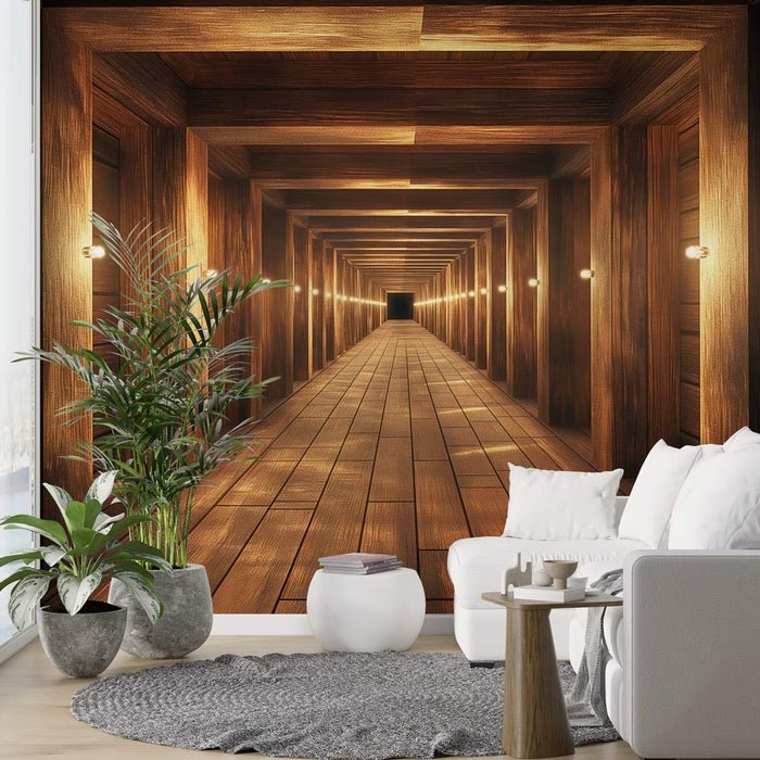 Wooden corridor wallpaper mural | Warm light tunnel - Carving wallpaper