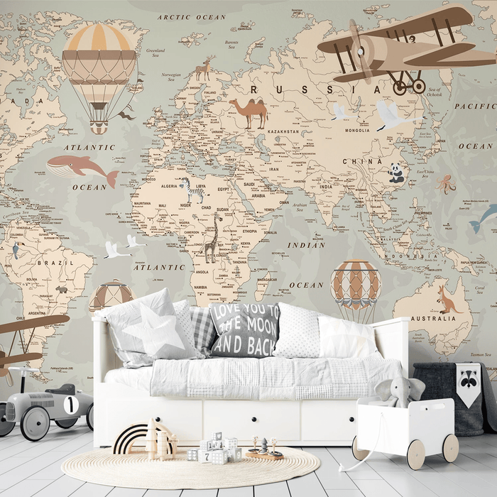 World map of children's room wallpaper - Carving wallpaper