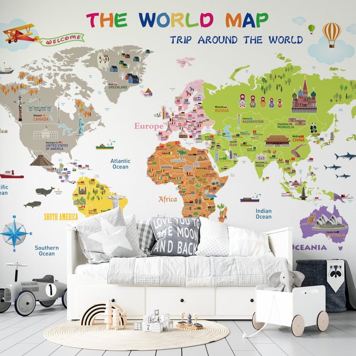World map wallpaper mural | Children's room decoration - Carving wallpaper