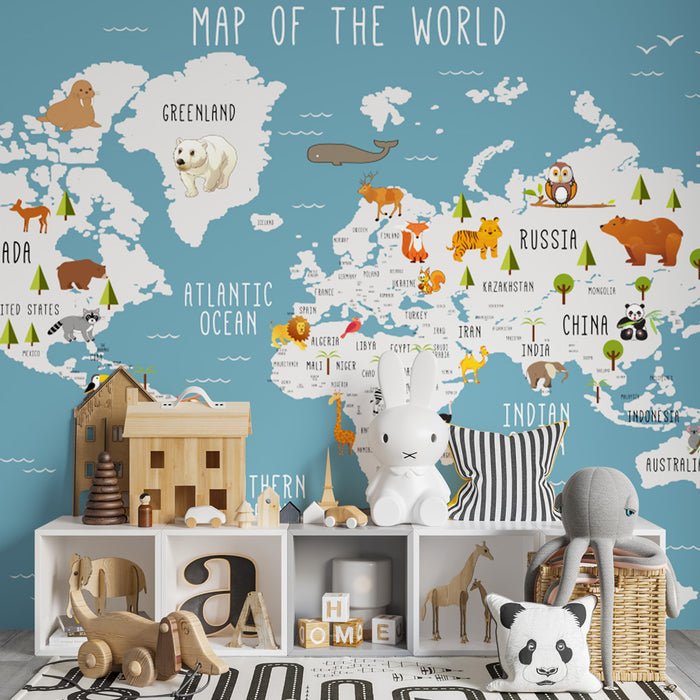 World Map Wallpaper Mural | World Animal Children's Room - Carving wallpaper