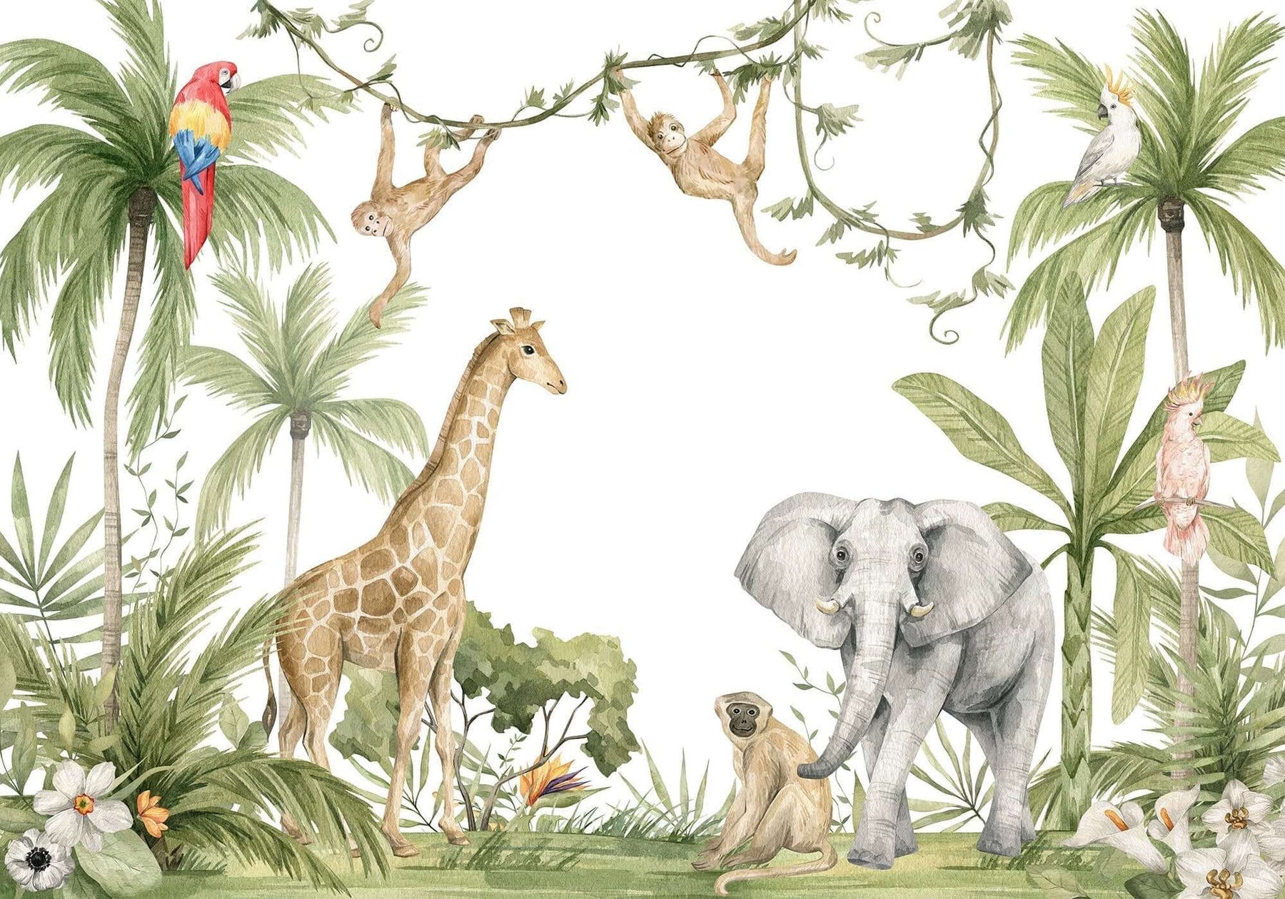 Transform Your Child’s Room with Whimsical Jungle Wallpaper: Jungle safari mural with giraffe, elephant, monkeys, and tropical plants for a playful, magical kids' room