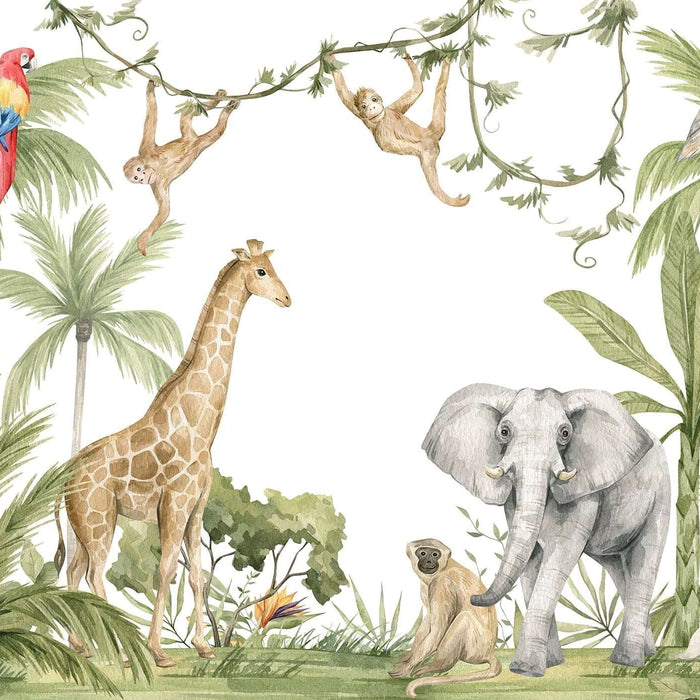 Transform Your Child’s Room with Whimsical Jungle Wallpaper: Jungle safari mural with giraffe, elephant, monkeys, and tropical plants for a playful, magical kids' room
