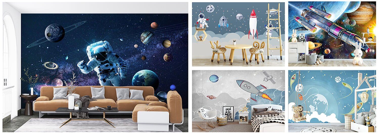Astronaut wallpaper: give an interstellar touch to your decor - space-themed mural transforming a child's room into a magical, inspiring cosmos with astronauts, rockets, planets, and lunar scenes.