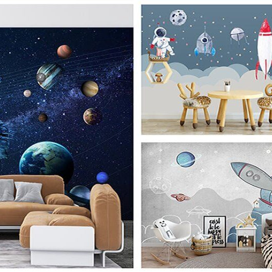 Astronaut wallpaper: give an interstellar touch to your decor - space-themed mural transforming a child's room into a magical, inspiring cosmos with astronauts, rockets, planets, and lunar scenes.