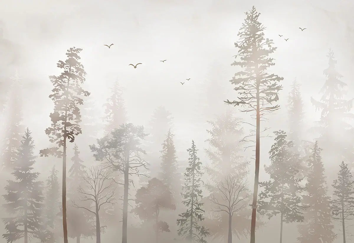 Rediscover Tranquility: Transform Your Home with Misty Forest Wallpaper - Misty forest wallpaper with calm, foggy pines for Nordic minimalism and serene interiors