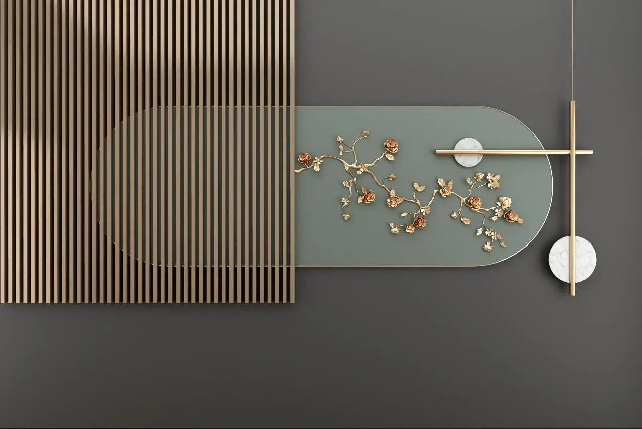 East Meets West: Elevate Your Home with Modern Chinese Elegance — Dark Gray Chinese Floral Wallpaper Mural with gold blooms and wooden accents