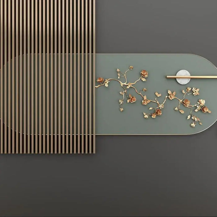 East Meets West: Elevate Your Home with Modern Chinese Elegance — Dark Gray Chinese Floral Wallpaper Mural with gold blooms and wooden accents