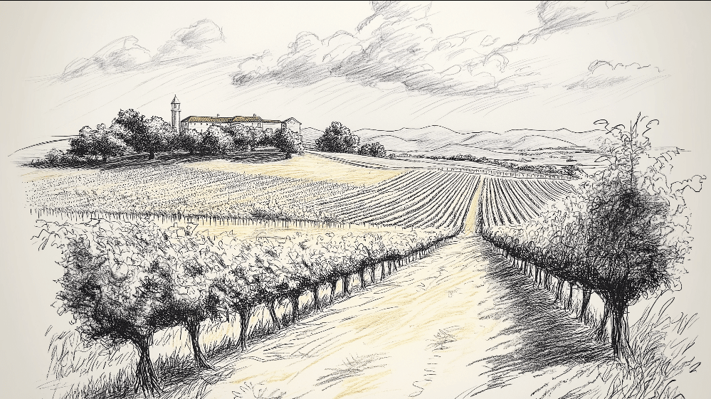 Transform Your Space with Provencal Charm: The Vineyard Sketch Mural Wallpaper - hand-sketched vineyard landscape with Provencal charm, evocative countryside scene