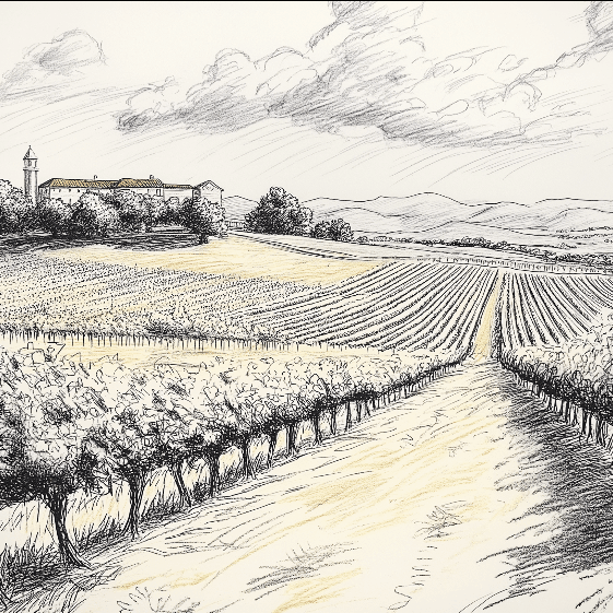 Transform Your Space with Provencal Charm: The Vineyard Sketch Mural Wallpaper - hand-sketched vineyard landscape with Provencal charm, evocative countryside scene