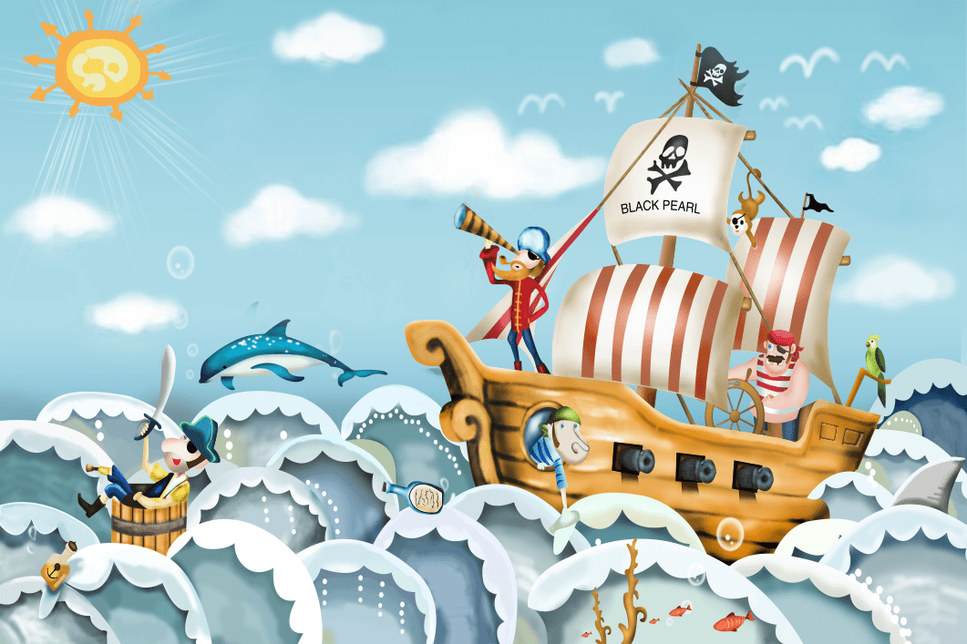 Set Sail with Pirate Wallpaper: Transform Their Room into a Whimsical Adventure! — BLACK PEARL pirate ship wallpaper mural with playful ocean scene for kids' rooms