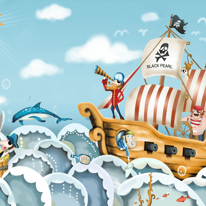 Set Sail with Pirate Wallpaper: Transform Their Room into a Whimsical Adventure! — BLACK PEARL pirate ship wallpaper mural with playful ocean scene for kids' rooms