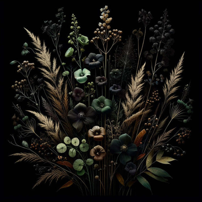Mystique Noir Botanical Wallpaper: Unveil the Midnight Garden’s Elegance - dark floral bouquet with velvety blooms, grasses, and foliage