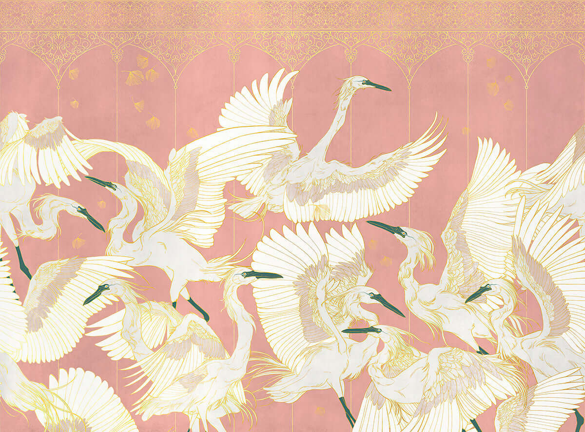 Elevate Your Space with Oriental Elegance: Chinese Crane Wallpaper – pink wallpaper with white cranes in flight