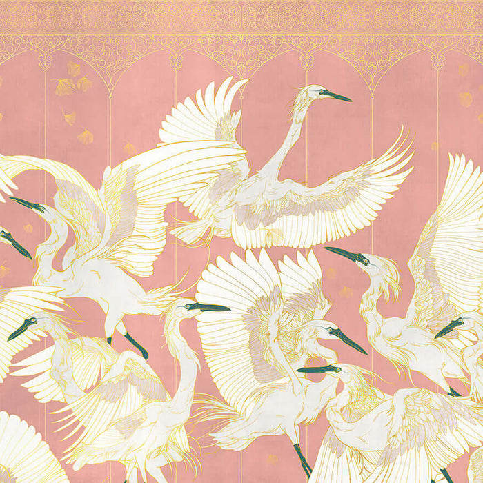 Elevate Your Space with Oriental Elegance: Chinese Crane Wallpaper – pink wallpaper with white cranes in flight
