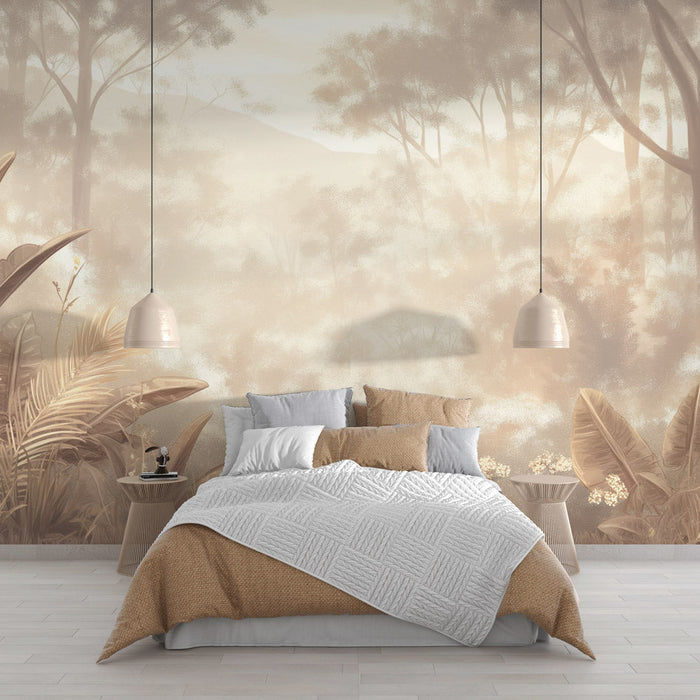 Beige Tropical Forest Wallpaper Mural | Misty Jungle Design | Wabi-Sabi & Nature-Inspired Living Room Decor