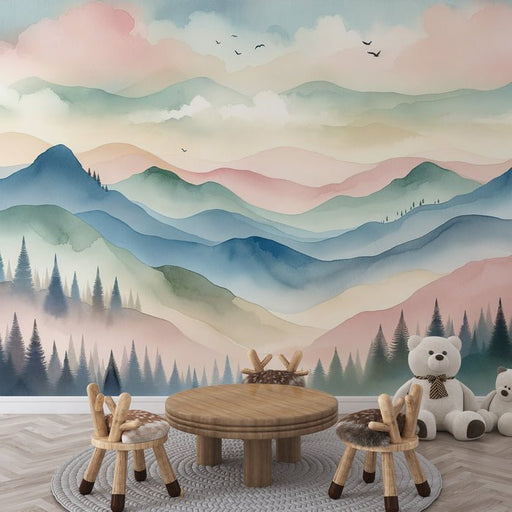 1 Baby Mountain Wallpaper Mural | Watercolor Painting of Green Forest, Colorful Mountains, and Clouds - Carving wallpaper