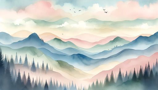 1 Baby Mountain Wallpaper Mural | Watercolor Painting of Green Forest, Colorful Mountains, and Clouds - Carving wallpaper