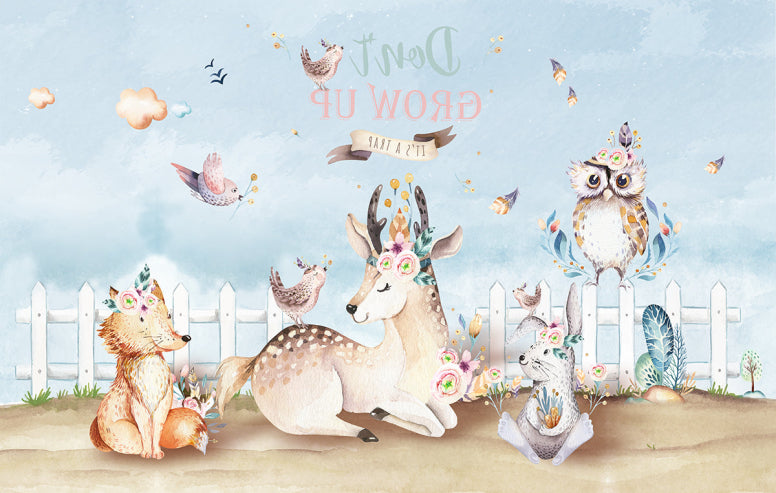 Hand-Painted Forest Animal Wallpaper Mural | Whimsical Owl, Deer, Fox | Soothing Watercolor Nursery & Bedroom Décor | "Don't GROW UP" Design | Made for French Homes