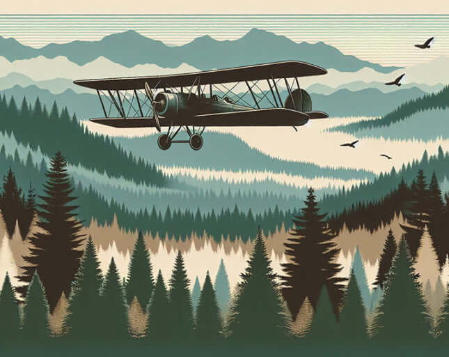 Vintage Aviation Forest Wallpaper Mural | Mountain & Biplane Décor
