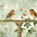 Vintage European Floral & Bird Mural Wallpaper - Elegant Vine Blossoms for Bedroom & Living Room with two songbirds on an ornate railing among orange blossoms