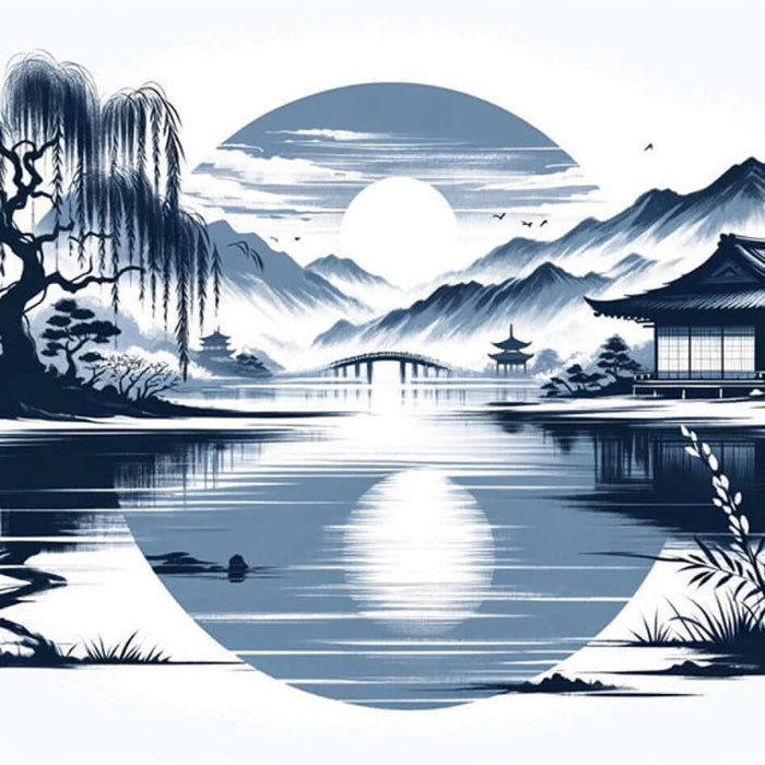 Japanese Zen Mountainscape Wallpaper Mural - Serene Lake, Moon & Temple