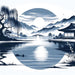 Japanese Zen Mountainscape Wallpaper Mural - Serene Lake, Moon & Temple