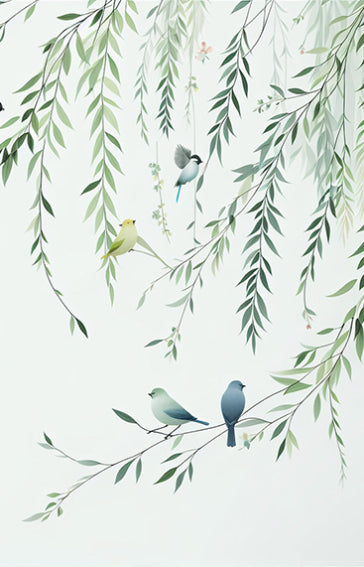 Tree wallpaper mural | Green drooping leaves and colorful birds