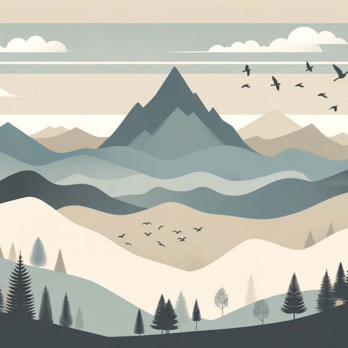 Baby Mountain Wallpaper Mural – Serene Neutral-Toned Peaks & Forest with layered mountains, trees & birds in soft neutral palette